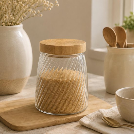 Food Essentials Ventura Storage Jar - kitchen - ribbed glass / bamboo - 1.3 liters - airtight screw lid - storage jars - storage canisters