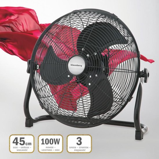 Klausberg 7517 - Bodenventilator 45 cm - Schwarz - 100W - 3 Geschwindigkeitsstufen