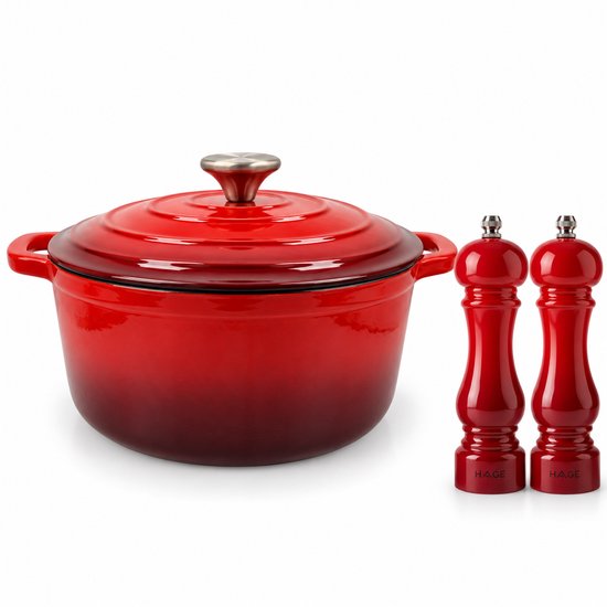 Hage - Red Kitchen Set - 3 L Cast Iron Casserole with Lid - 22 cm - Manual Salt and Pepper Mills - Set of 2 - Ceramic Grinder - Enamelled - Induction - Oven
