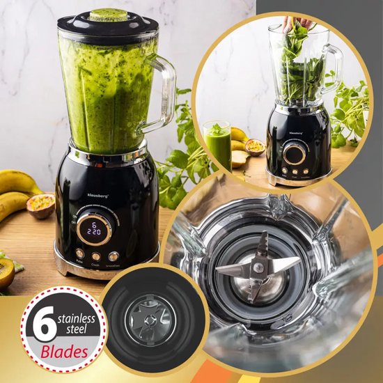Klausberg - Blender - Mixeur à smoothie avec écran LED - Pilon à glace - Blender en verre avec 6 lames en inox - Mixeur à smoothie avec minuteur - Blender de cuisine 8 vitesses - Mixeur à glace pilée - 1,5 L - 600W - Noir