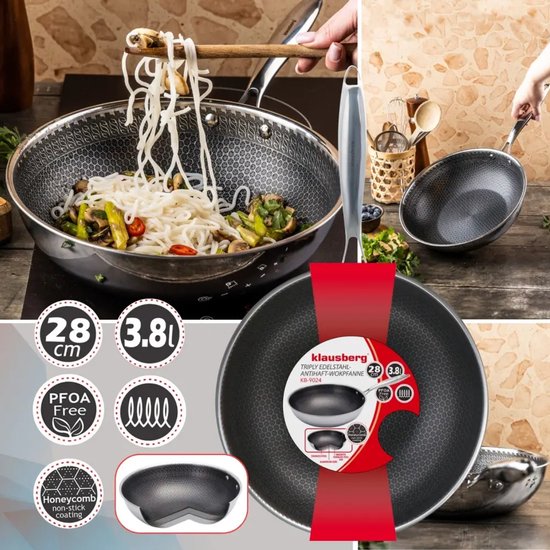 Klausberg 9024 wokpan 28 cm – 3-laags RVS, honingraat antiaanbaklaag – foto 2