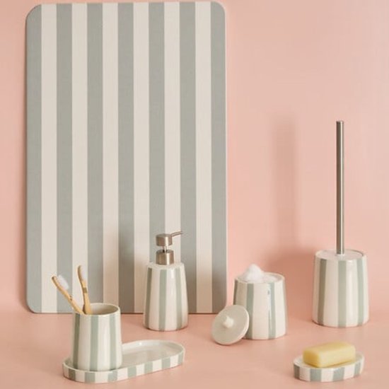 Tall Ceramic Soap Dispenser - 17.3 cm Celadon Green – Stylish Bathroom Accessory - Soap Pump - Ceramic - Refillable - Green Stripes - Green