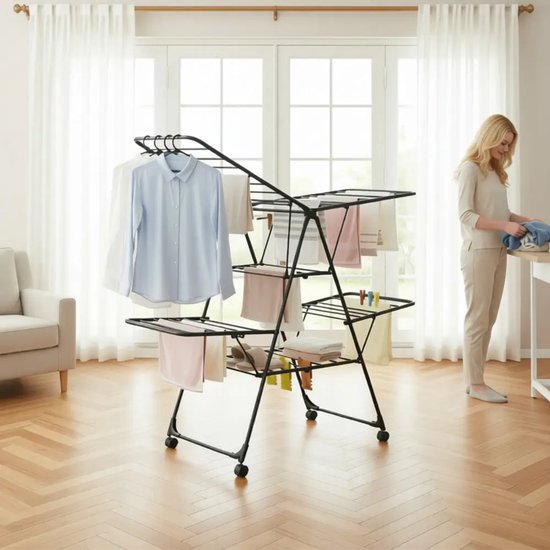 Kinghoff KH-2046 inklapbaar wasrek van staal met hangerrek en wielen, zwart, 157 cm