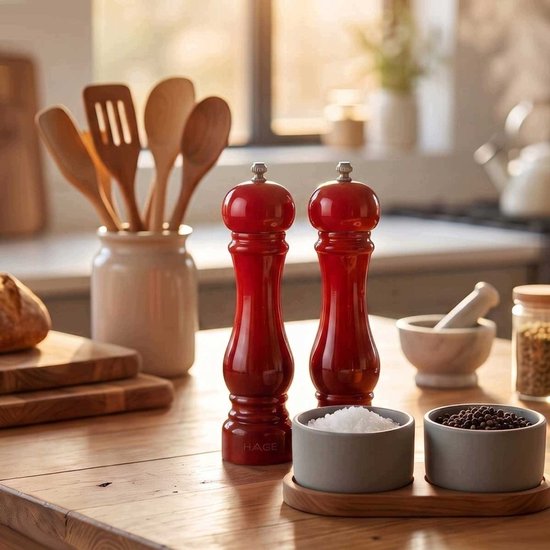 Hage – Rotes 4-teiliges Küchenset – Salz- & Pfeffermühlen 22 cm mit Keramikmahlwerk – Emaillierte Gusseisen-Bratpfanne 20 cm – Schmortopf 5 l mit Deckel 26 cm – Induktion, Gas & Backofen – Zum Kochen & Würzen