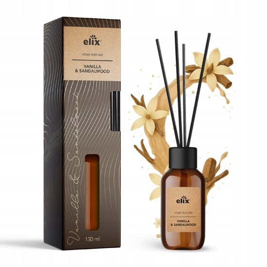 Elix - Geurstokjes Diffuser - Luchtverfrisser - Interieur Parfum - Reed Diffuser - Luxe Huisgeur 45 Dagen - Elegante Woonkamer, Slaapkamer & Kantoor Geur - 125 ml - Vanilla Sandalwood