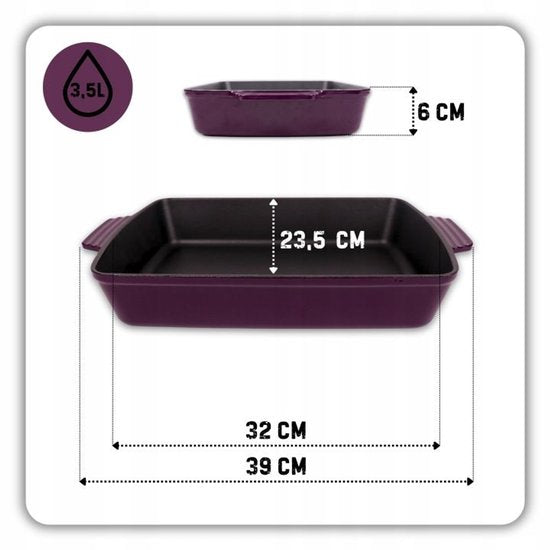 Hage - Backform - Auflaufform - Gusseiserne Auflaufform - Emaillierter Bräter mit Griffen - Geeignet für Induktion, Backofen & alle Herdarten - 3,5 Liter - 32 x 23,5 cm - Auberginenfarben