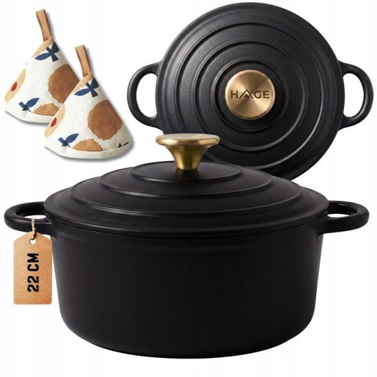 Hage Gietijzeren Braadpan met Deksel – 3 L – Ø22 cm – Mat Zwart