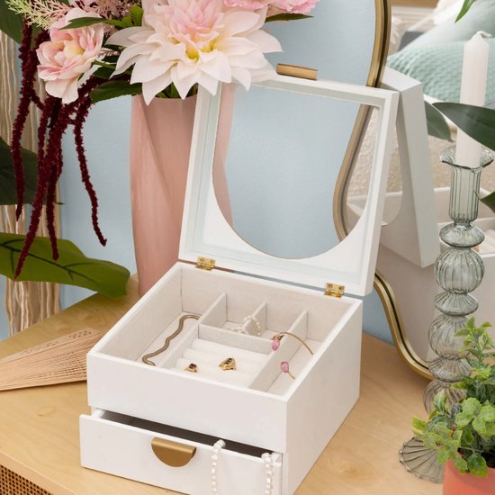Boîte à bijoux Atmosphera Bombay - 20 x 20 x 13 cm - Blanc ivoire - Coffret à bijoux avec couvercle - avec miroir et tiroir