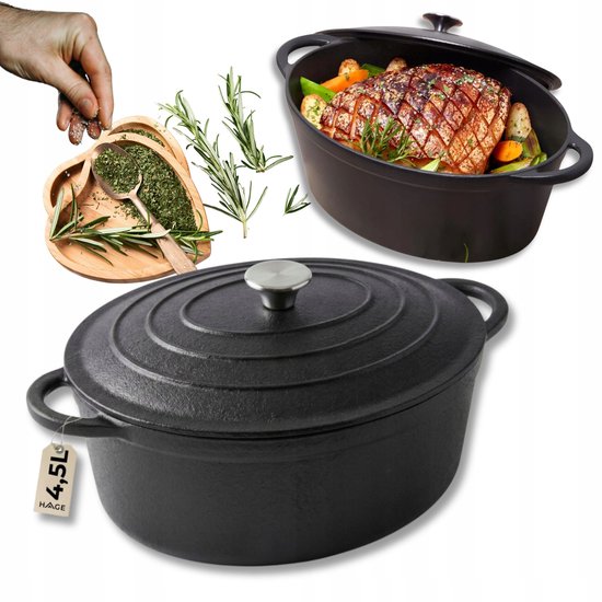 Hage - Braadpan - Gietijzeren Braadpan met Deksel - Voor Inductie, Gas, Oven, Grill en Vuur - 4.5 Liters - 28 x 21 x 11 cm - Zwart