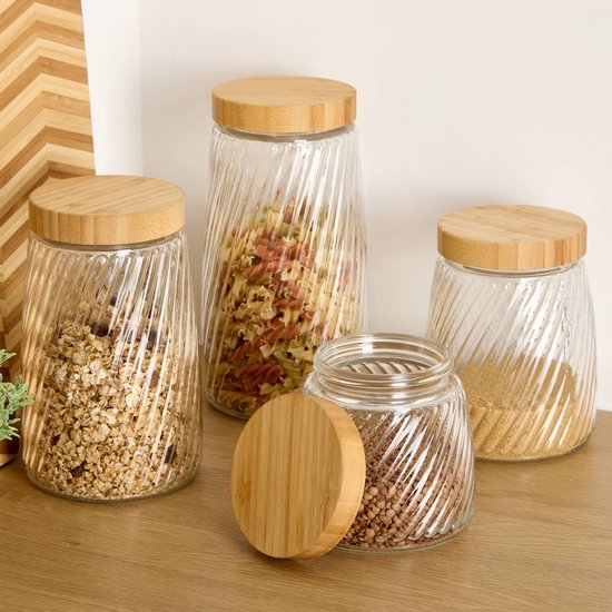 Bocal de conservation Food Essentials Ventura - cuisine - verre strié / bambou - 1,3 litre - couvercle rotatif hermétique - bocaux de conservation - pots de stockage