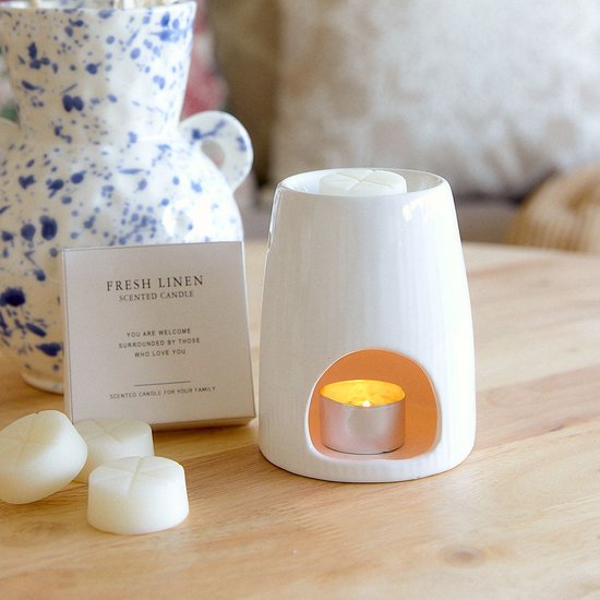 Homla - Fires Wax Burner - Aroma Burner - Including Scented Wax - Fragrance Diffuser - for Living Room & Bathroom - Decoration Gift - Ceramic with Fresh Linen Wax - White
