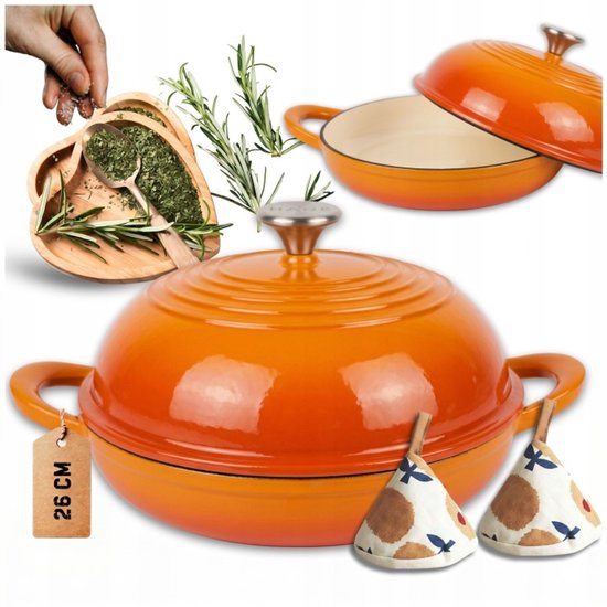 Hage - Broodbakvorm Gietijzer - Geëmailleerde Broodpan met Deksel - Voor Brood Bakken, Gratins & Stoofgerechten - Geschikt voor Gas, Inductie, Keramisch & Oven - Gelijkmatige Warmteverdeling - 2Liters - Ø26 x 16,5 cm - Oranje