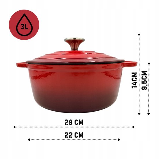 Hage - Red Kitchen Set - 3 L Cast Iron Casserole with Lid - 22 cm - Manual Salt and Pepper Mills - Set of 2 - Ceramic Grinder - Enamelled - Induction - Oven
