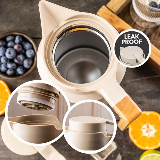 Klausberg vacuüm thermoskan 2 liter beige – RVS 304 met houten handvat – foto 3