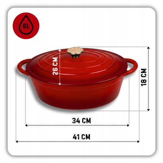 Hage - Cocotte - Cocotte en fonte émaillée avec couvercle - Compatible four et induction - Pour rôtir, mijoter et gratiner - 6 litres - 34 x 26 x 18 cm - Rouge