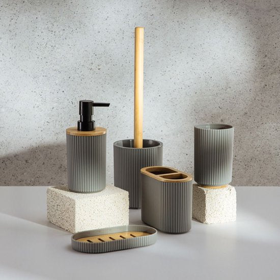 Homla - Loreto Bathroom Accessory Set - Bathroom Accessory Set - 5-Piece - Complete Bathroom Set with Bamboo - Soap Dispenser - Toothbrush Holder - Toilet Brush - Modern Bathroom Accessories - Grey