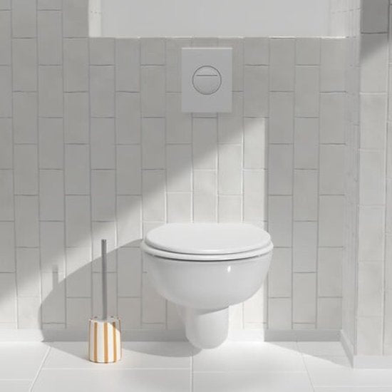 Strio Toilet Brush Tall - 39 cm Ceramic - Wheat - Toilet Brush - Standing - Ceramic - Yellow stripes - Freestanding Toilet Brush