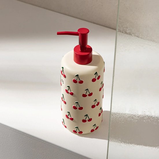 Homla - Distributeur de savon - Distributeur de savon pour les mains avec motif cerises - Accessoire de salle de bain - Distributeur de savon pour salle de bain et cuisine - 540 ml - Polyrésine - 7,8 x 21 cm - Rouge & Blanc
