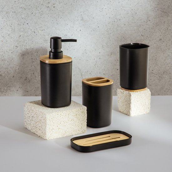 Homla - Tula Bathroom Accessory Set - 4-Piece Bathroom Accessories Set - Bathroom Set - Modern Bathroom Accessories - Soap Dispenser with Bamboo - Tumbler - Toothbrush Holder - Soap Dish - Black