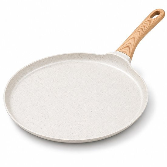 Hakal Crêpepan Ø24 cm – Pannenkoekenpan met Anti-aanbaklaag – Lage Rand – Houtlook Handgreep – Crème / Wit