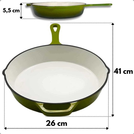 Hage - Poêle à frire - Poêle en fonte émaillée - Poêle à frire en fonte - Compatible induction, gaz et four - Ø26 cm - Vert olive