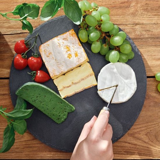 Homla - B2STONE Draaiplateau Serveerplank met Mes - Leisteen Kaasplank - Draaiend Tapas Bord - Luxe Serveerplank Kaas - Borrelplank - Snack Plateau met Draaisysteem - Ø30 cm - Zwart