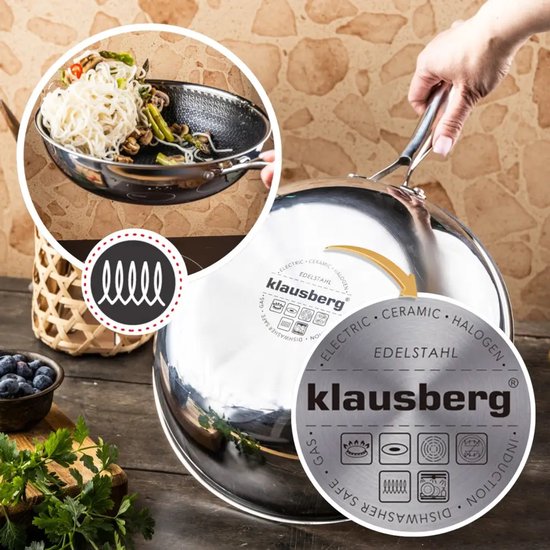 Klausberg 9024 wokpan 28 cm – 3-laags RVS, honingraat antiaanbaklaag – foto 4