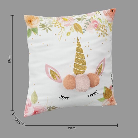 Unicorn kussen met pompoms, set van 2 – sierkussen kinderkamer, 40 x 40 cm – foto 2