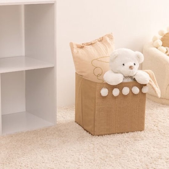 Aufbewahrungsbox - Pompom Aufbewahrungsbox - 2er-Set - Faltbare Aufbewahrungsbox - Jute-Optik - Quadratisch - Pappe / PP - 29 x 29 cm - Karamellbraun