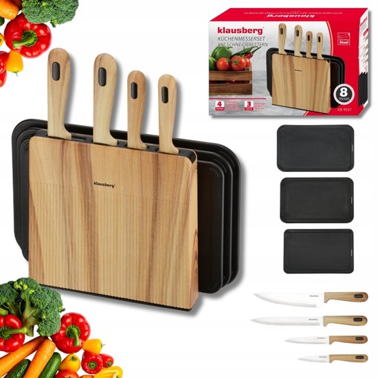 Klausberg - Ensemble de couteaux - 8 pièces - Set de couteaux de cuisine - Bloc à couteaux avec 4 couteaux en inox - 3 planches à découper - Accessoires de cuisine avec planches à découper et support - Noir et couleur naturelle