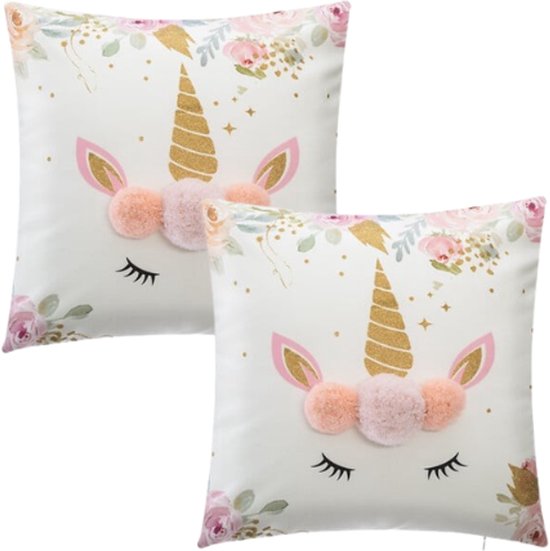 Unicorn kussen met pompoms, set van 2 – sierkussen kinderkamer, 40 x 40 cm