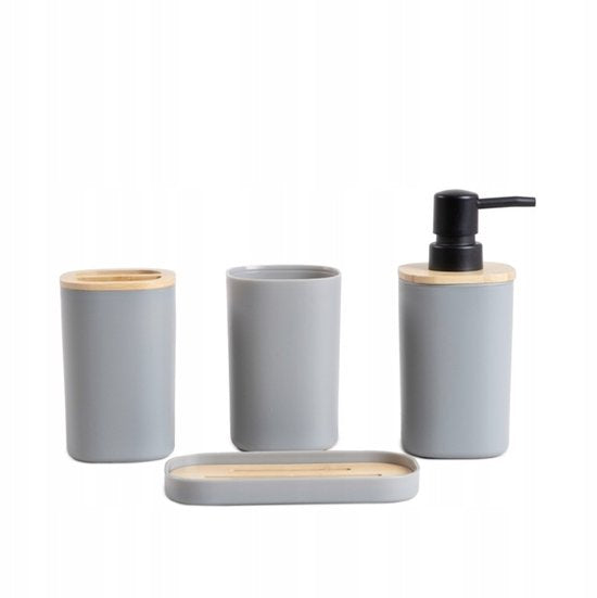Homla - Tula Bathroom Accessory Set - 4-Piece Bathroom Accessories Set - Bathroom Set - Modern Bathroom Accessories - Soap Dispenser with Bamboo - Bathroom Tumbler - Toothbrush Holder - Soap Dish - Grey