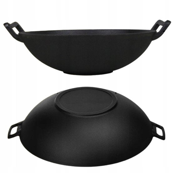 Hage gietijzeren wok 36 cm met 2 handgrepen, geschikt voor inductie en open vuur