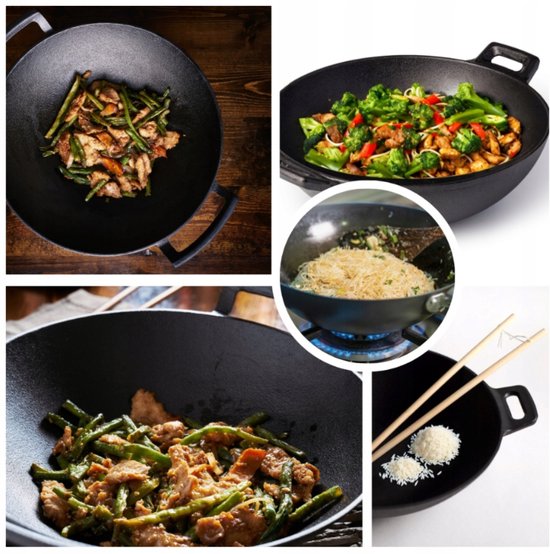Hage gietijzeren wok 36 cm met 2 handgrepen, geschikt voor inductie en open vuur