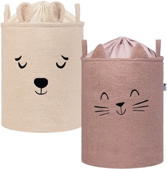 SIPO Toy Baskets Bouclé – Set of 2 – Bear/Cat Design – 43 L – Beige/Pink
