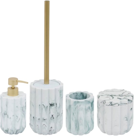 Ensemble d'accessoires de salle de bain - Accessoires de salle de bain modernes - Distributeur de savon 230 ml - Porte-brosse à dents - Brosse WC - Boîte à coton - Accessoires de salle de bain de luxe - Polyrésine - Blanc marbré