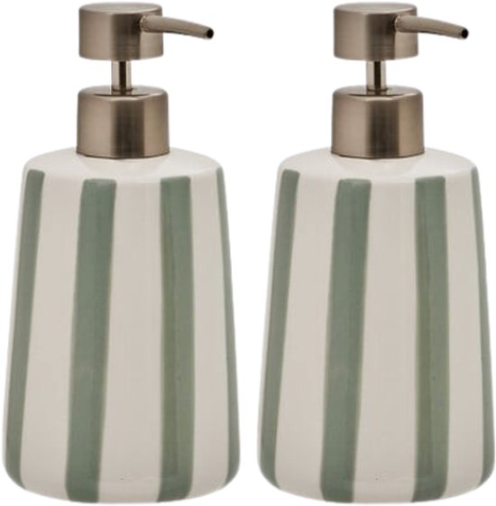 Distributeur de savon Strio - Pompe à savon - Lot de 2 - Accessoire de salle de bain et cuisine de luxe - 400 ml - Ø8,6 x 17,3 cm - Dolomite - Vert céladon