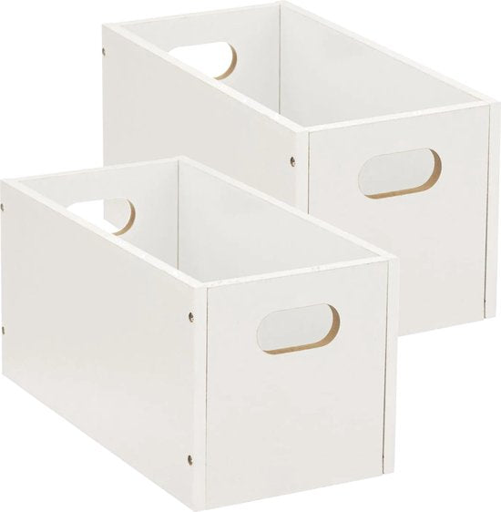 5Five Panier de rangement / panier d'étagère en bois - 2x - blanc - 7 litres - 31 x 15 x 15 cm - Boîtes de rangement - Paniers pour étagère à casiers