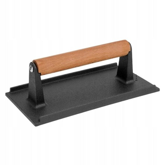 Hage hamburgerpers van gietijzer – smash burger press, houten greep, 20 x 10 cm