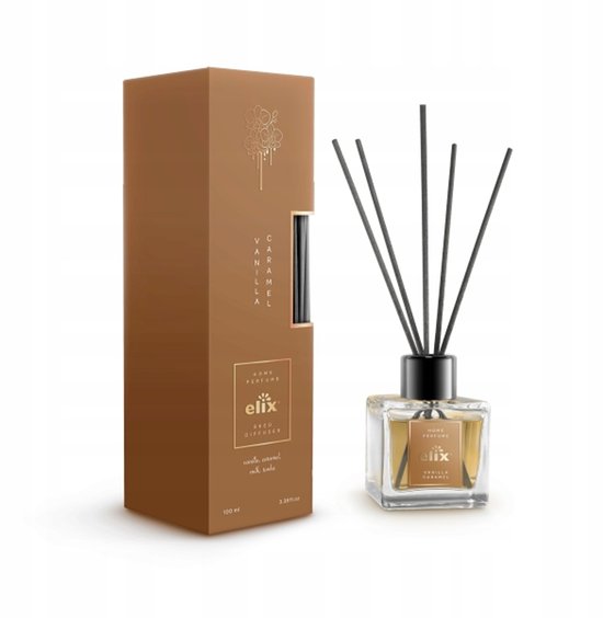 Elix - Geurstokjes Diffuser - Reed Diffuser - Luchtverfrisser - Interieur Parfum - Langdurige Huisgeur - voor Woonkamer, Slaapkamer, Kantoor & Badkamer - 100 ml - Vanilla & Caramel