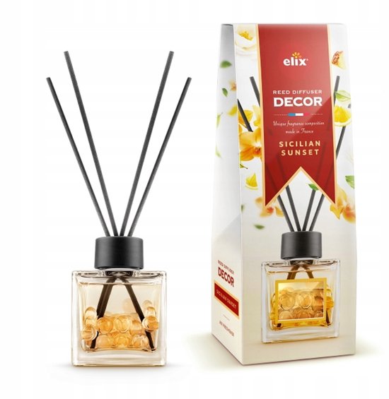 Elix - Geurstokjes - Geurstokjes met Kralen - Luchtverfrisser - Interieur Parfum Diffuser – Geurstokjes Langdurige Geur - Decoratieve Aroma Diffuser - voor Woonkamer & Badkamer - 100 ml - Sicilian Sunset