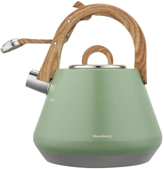 Klausberg - KB-9062 - Fluitketel - RVS Waterketel - Met Fluit - Matte Afwerking - Afneembaar Deksel - Houten Look Handgreep - Inductie - Gas - Elektrisch - Keramisch - Theeketel - Koffie - Brede Voet - 2.5L - Pastelgroen