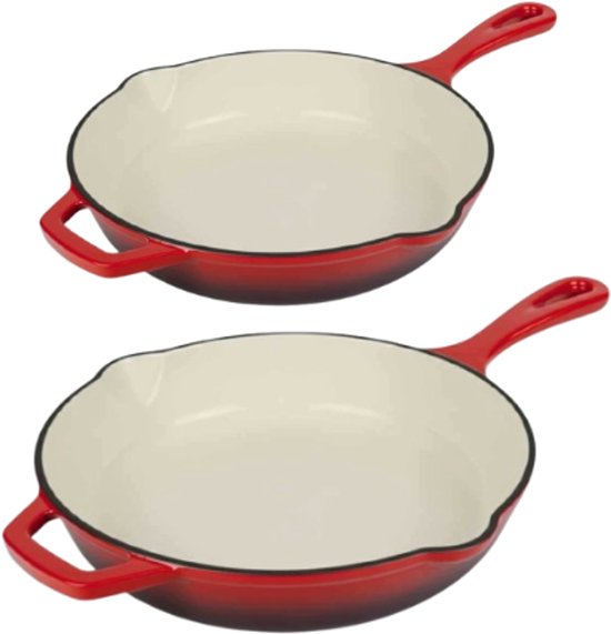 Hage - Gusseiserne Pfannenset - 2-teilig - Emaillierte Bratpfannen - Zum Backen, Braten & Schmoren - Induktion, Gas, Elektro & Ofen - Gleichmäßige Wärmeverteilung - Langlebig & handemailliert - Ø 20 & Ø 26 cm - Rot
