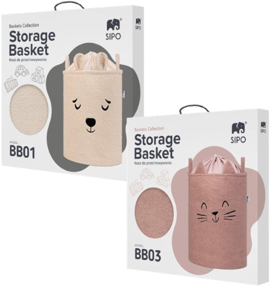 SIPO Toy Baskets Bouclé – Set of 2 – Bear/Cat Design – 43 L – Beige/Pink