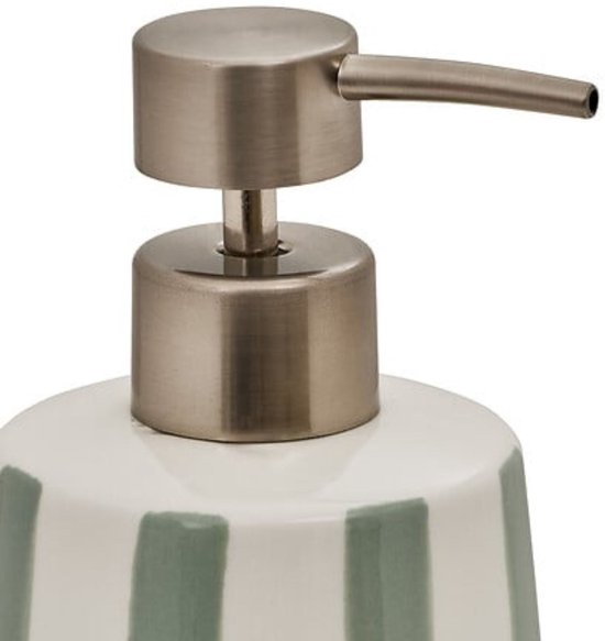 Tall Ceramic Soap Dispenser - 17.3 cm Celadon Green – Stylish Bathroom Accessory - Soap Pump - Ceramic - Refillable - Green Stripes - Green