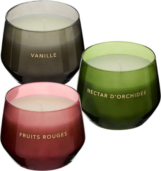 Bougie parfumée - Bougie parfumée Glowy en pot en verre - Vanille - Orchidée - Fruits rouges - Scented Candle - Lot de 3 - Éclairage d'ambiance luxueux - 40 heures de combustion - 300 g - Ø10 x 7,8 cm - Noir / Vert / Rouge