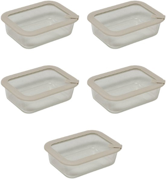 Lot de 5 boîtes de conservation - Récipients pour meal prep - Lunchbox - Boîtes hermétiques rectangulaires en verre borosilicaté - Passe au micro-ondes et au lave-vaisselle - 950 ml - 20,3 x 15,2 x 6,2 cm - Transparent avec couvercle gris