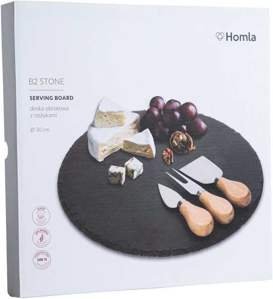 Homla - B2STONE Draaiplateau Serveerplank met Mes - Leisteen Kaasplank - Draaiend Tapas Bord - Luxe Serveerplank Kaas - Borrelplank - Snack Plateau met Draaisysteem - Ø30 cm - Zwart