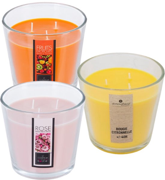 Nina Duftkerzens et - Duftkerze - Parfümkerze - Große Duftkerze im Glas - Exotic Fruits - Rose - Citronella - Scented Candle - 500 g - 13,5 x 12,5 cm - Transparent