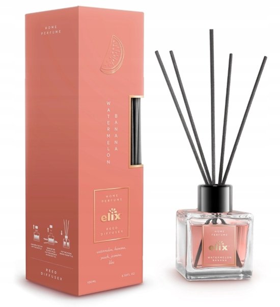 Elix - Geurstokjes Diffuser - Reed Diffuser - Luchtverfrisser - Interieur Parfum - Langdurige Huisgeur - voor Woonkamer, Slaapkamer, Kantoor & Badkamer - 100 ml - Watermelon & Banana